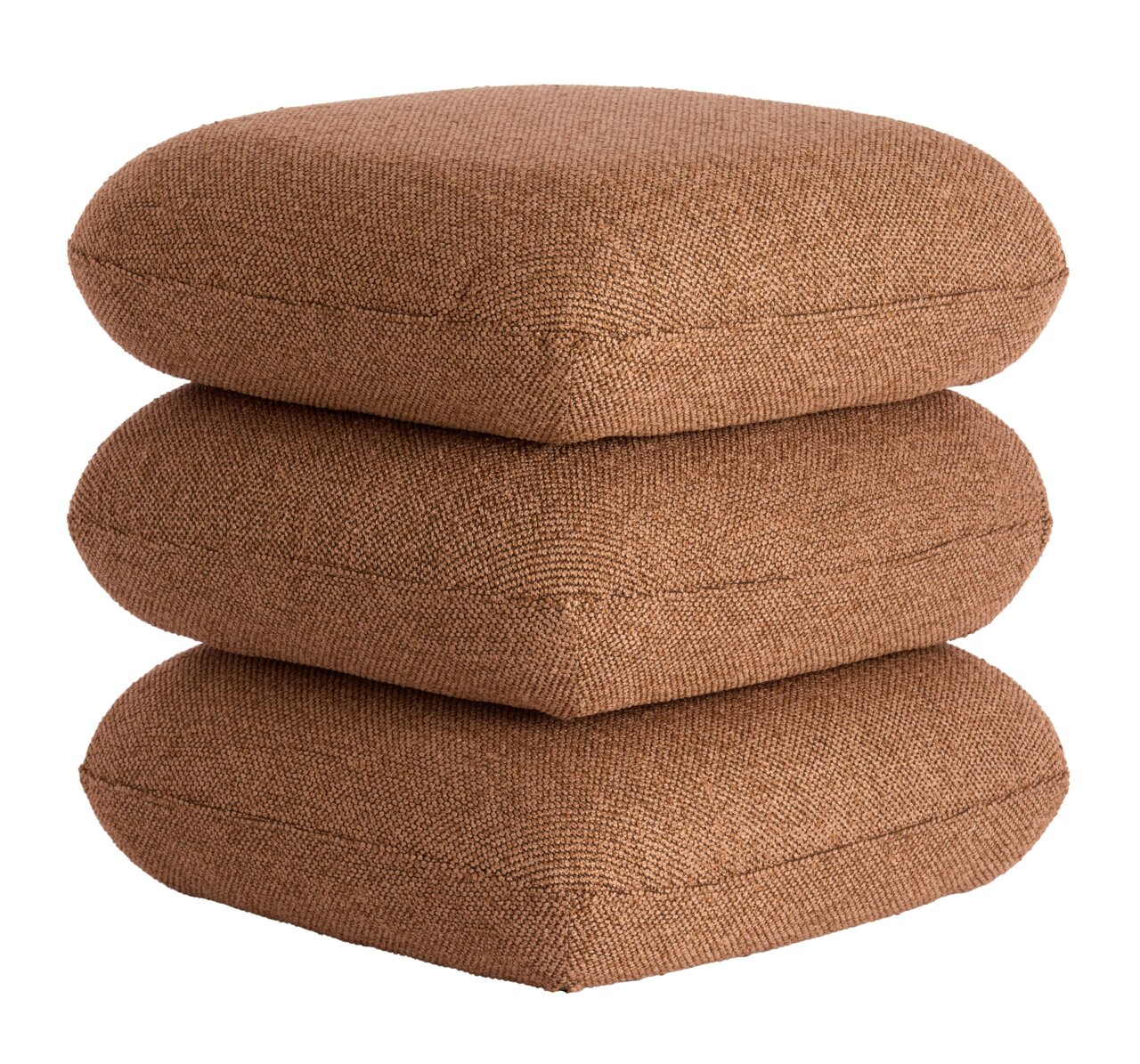 Drei gestapelte, braune Sitzpuffs aus Stoff, seitliche Perspektive