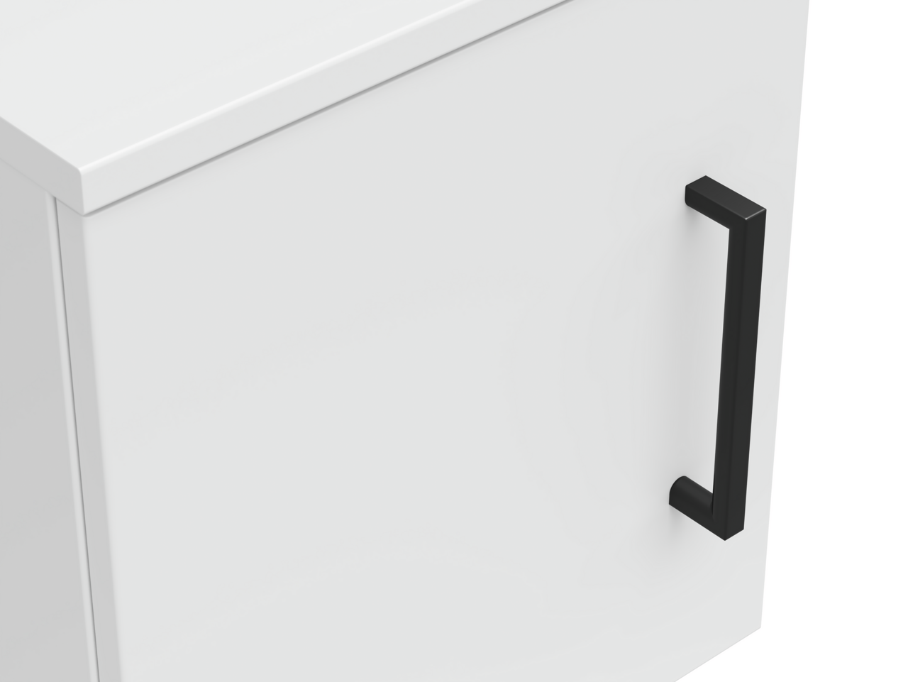 Nahaufnahme eines weißen Aufsatzschranks mit schwarzem Griff, seitliche Perspektive