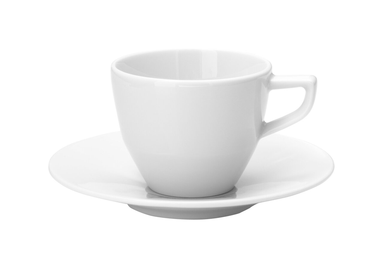 Weiße Espressotasse mit Untertasse, seitliche Perspektive