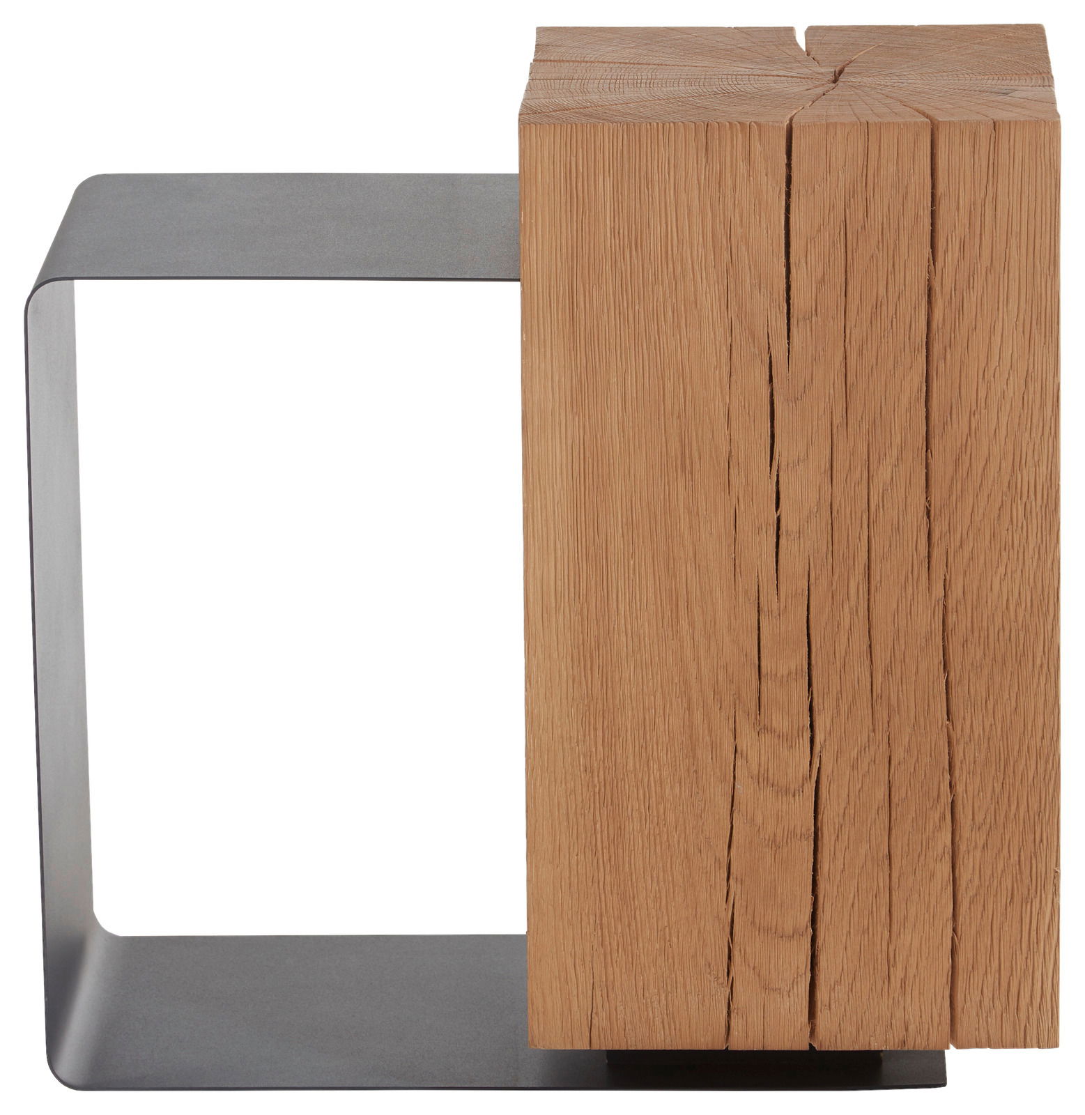 Moderner Beistelltisch aus Holz und Metall, seitliche Perspektive