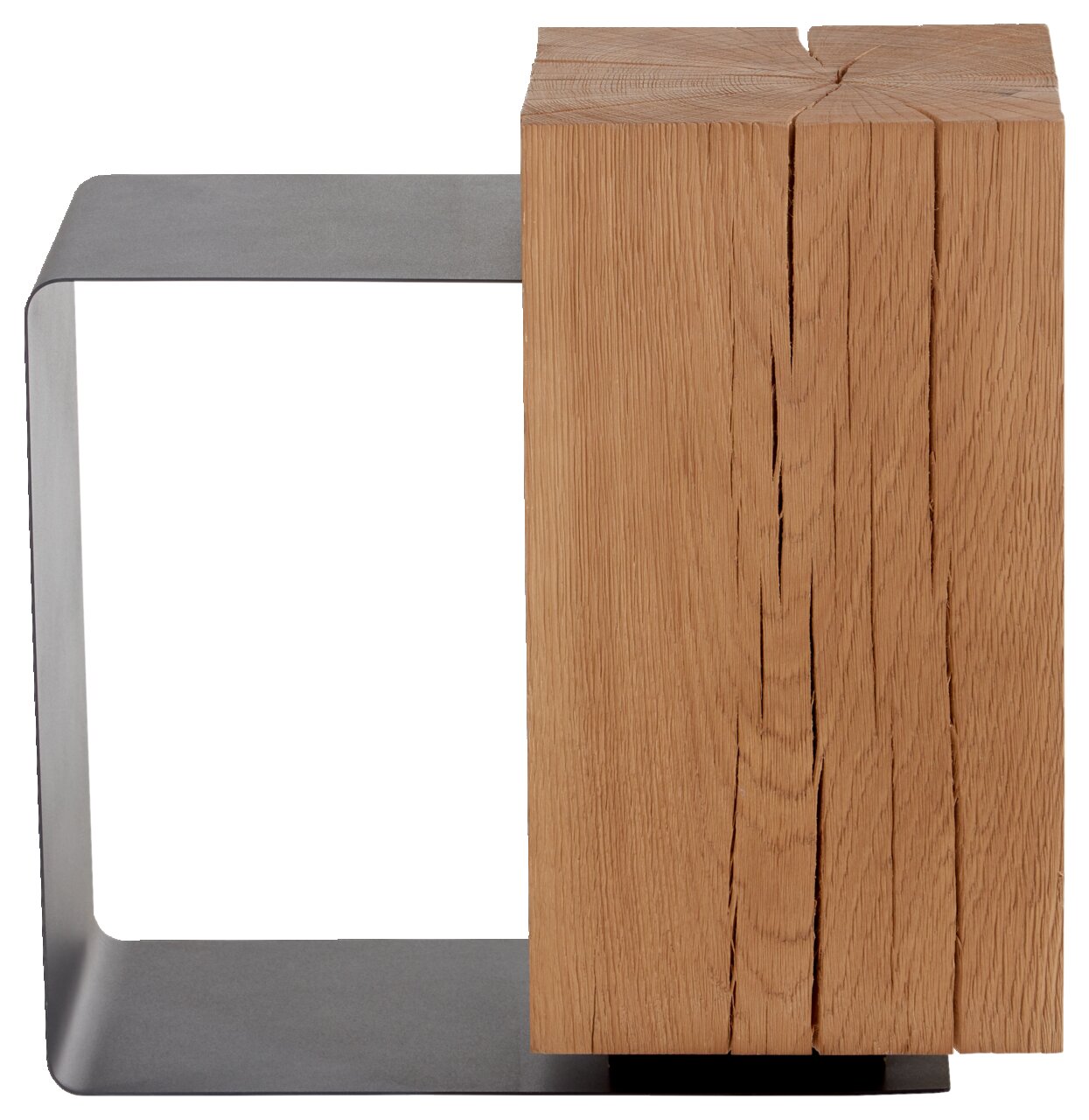 Moderner Beistelltisch aus Holz und Metall, seitliche Perspektive