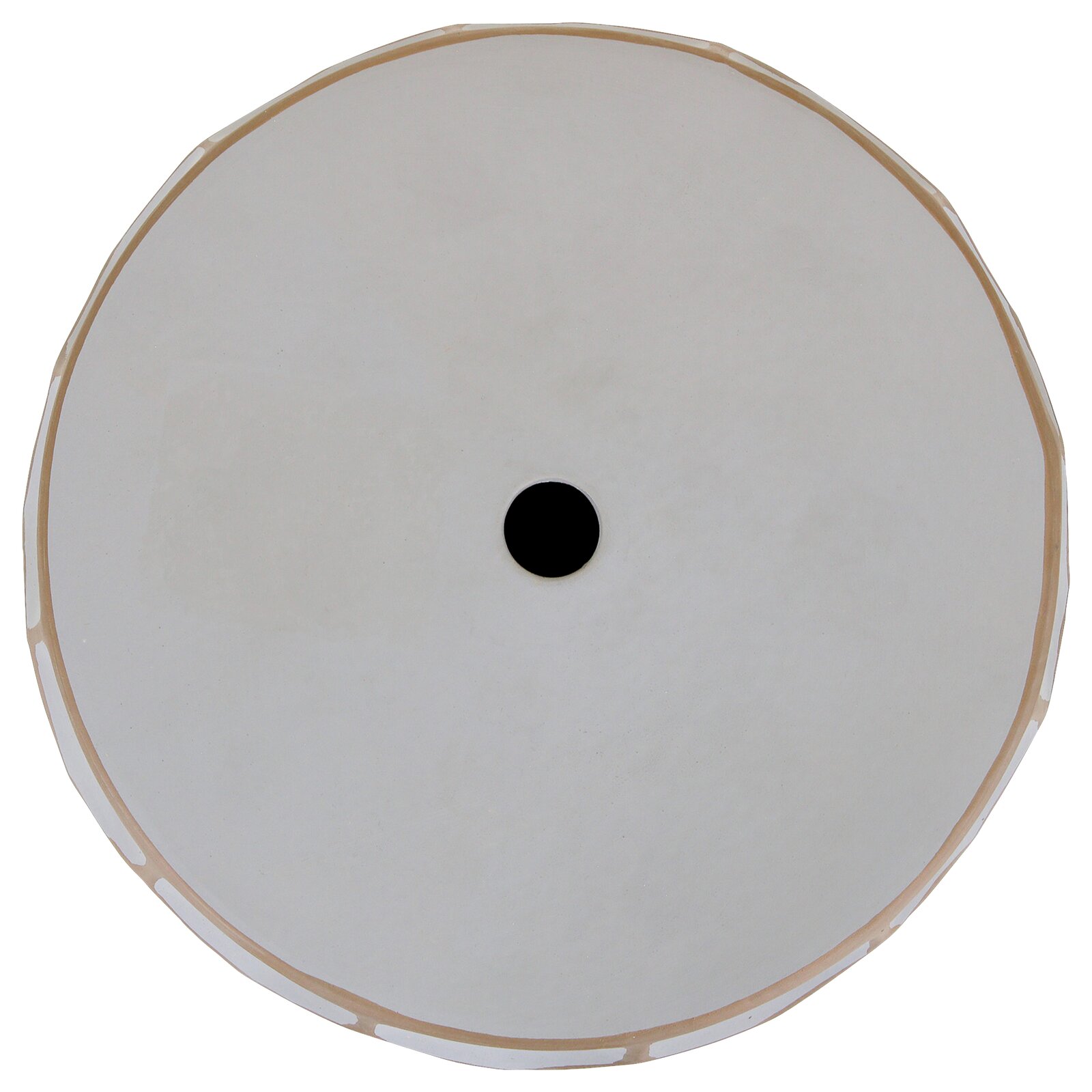 Ronde witte plafondlamp met goudkleurige rand en opening in het midden, bovenaanzicht van onderaf op de lamp