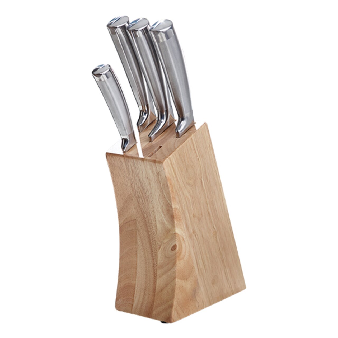 Messerblock aus Holz mit sechs Edelstahlmessern, seitliche Perspektive