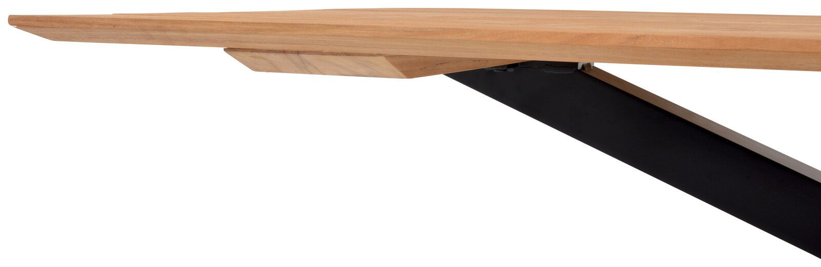 Detailansicht eines Holztisches mit naturfarbener Tischplatte und schwarzem Metallgestell, seitliche Perspektive von unten