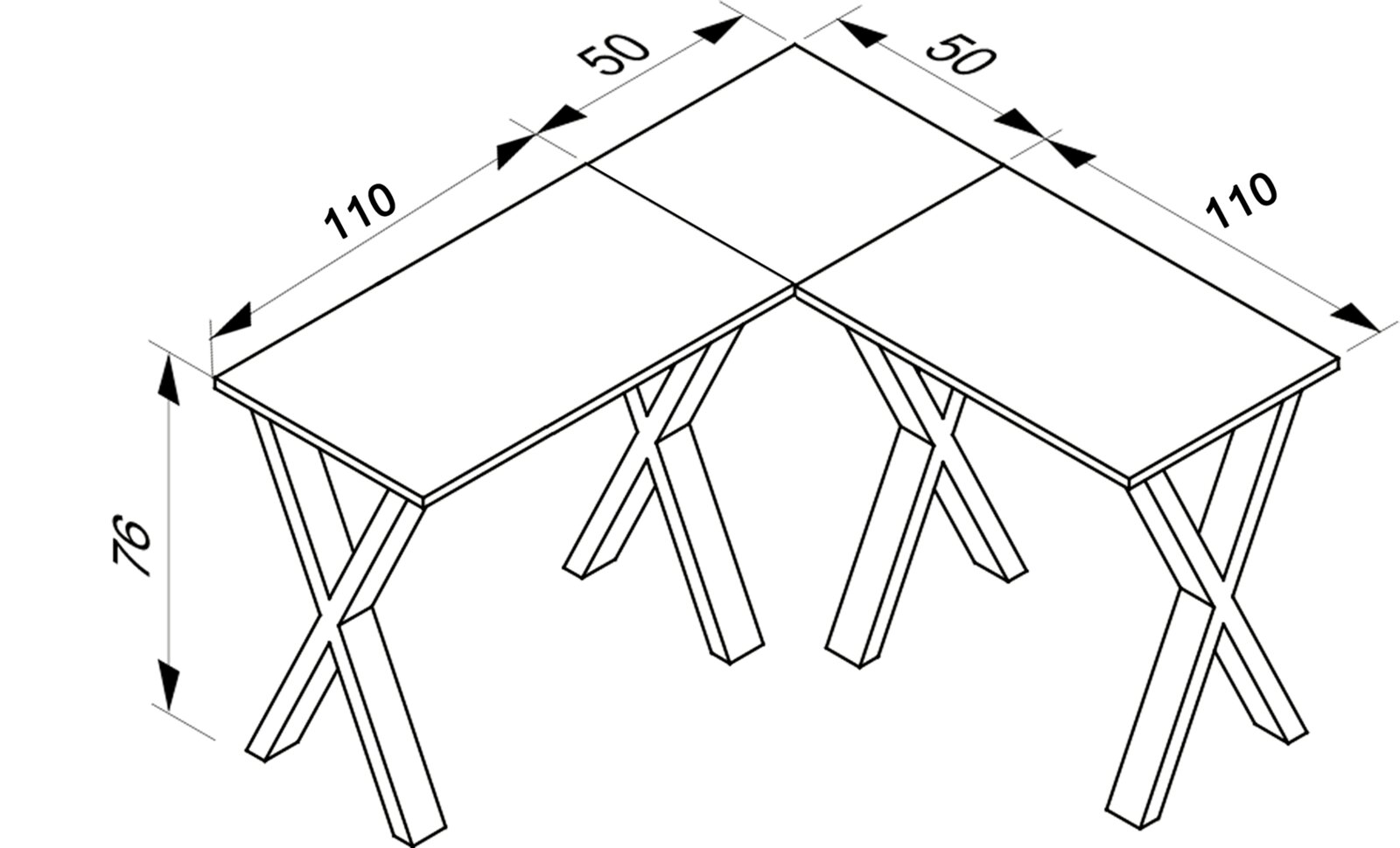 Isometrische Ansicht eines L-förmigen Eckschreibtischs mit X-Gestell und Maßangaben (Höhe ca. 76 cm, Schenkellängen ca. 110 cm, Tiefe ca. 50 cm).
