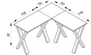 Isometrische Ansicht eines L-förmigen Eckschreibtischs mit X-Gestell und Maßangaben (Höhe ca. 76 cm, Schenkellängen ca. 110 cm, Tiefe ca. 50 cm).