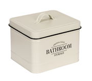 Beige Badbox mit Deckel und Griff, Aufschrift 'Fresh & Clean Bathroom Storage', seitliche Perspektive