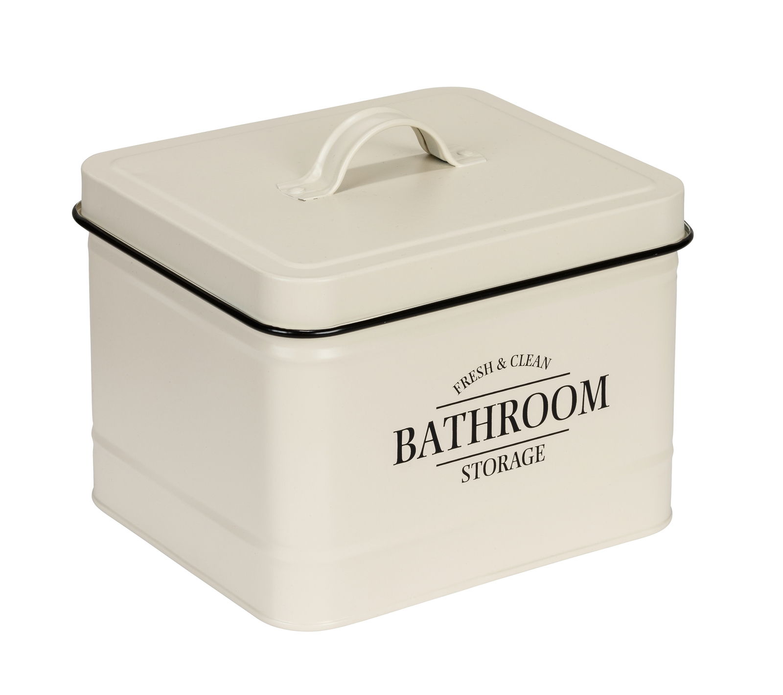 Beige Badbox mit Deckel und Griff, Aufschrift 'Fresh & Clean Bathroom Storage', seitliche Perspektive