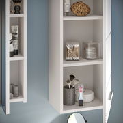 Badezimmerschrank mit offenen Regalen, gefüllt mit Pflegeprodukten und Accessoires, aus seitlicher Perspektive