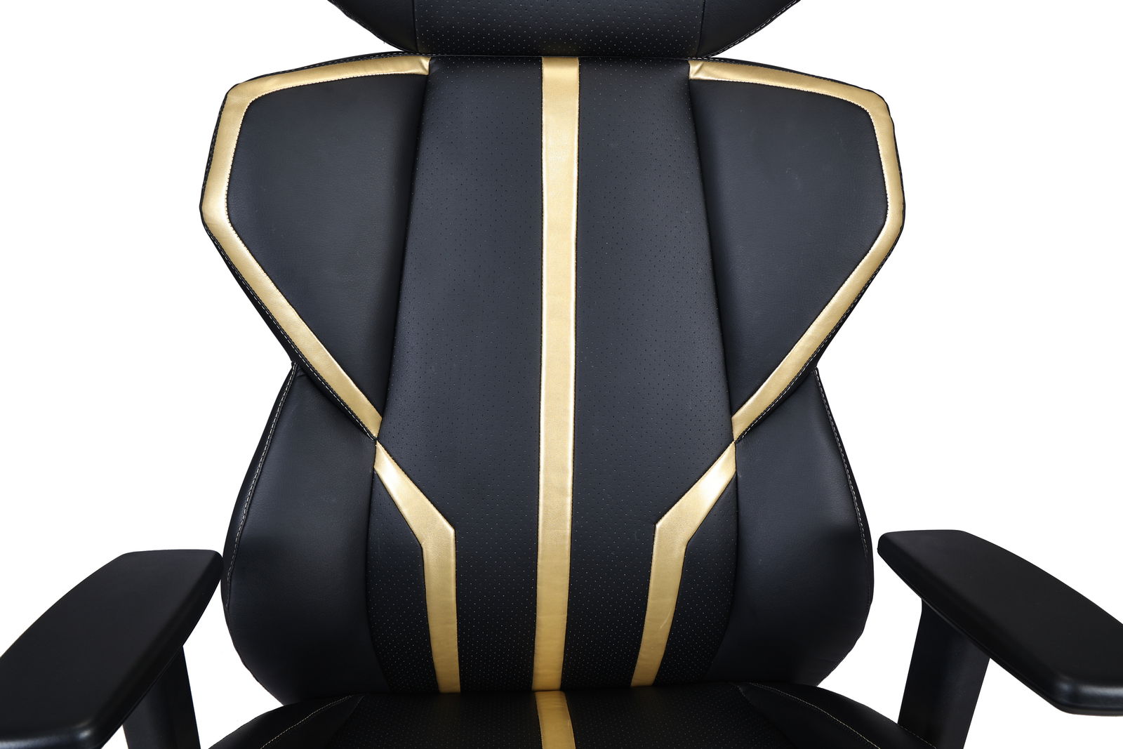 Vorderansicht eines Gaming-Stuhls mit schwarzem und goldfarbenem Design.