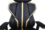 Vorderansicht eines Gaming-Stuhls mit schwarzem und goldfarbenem Design.