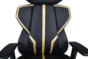 Vorderansicht eines Gaming-Stuhls mit schwarzem und goldfarbenem Design.
