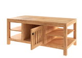 Holz-Couchtisch mit offenen Regalfächern und einer Tür, Perspektive von vorne links