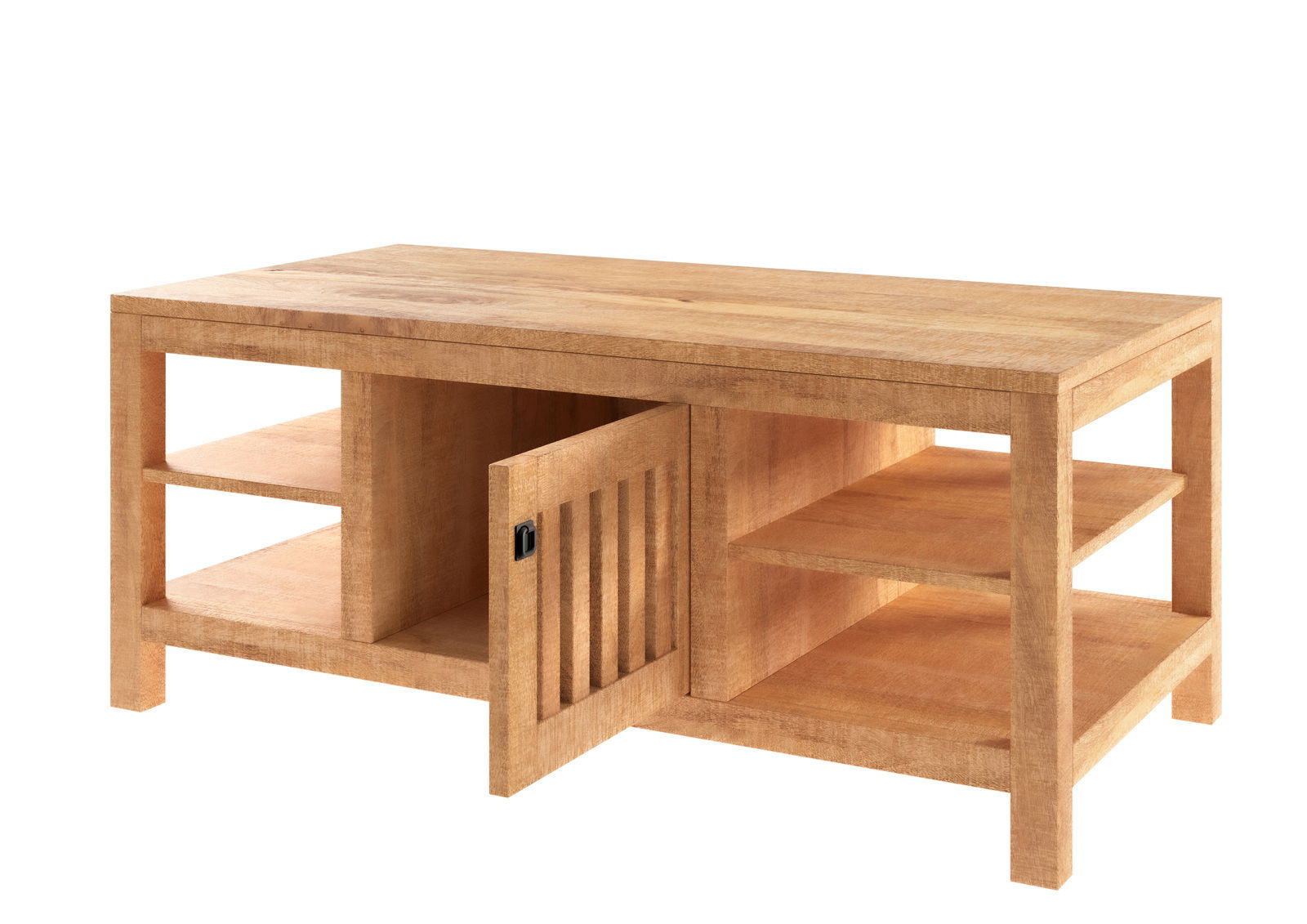 Holz-Couchtisch mit offenen Regalfächern und einer Tür, Perspektive von vorne links