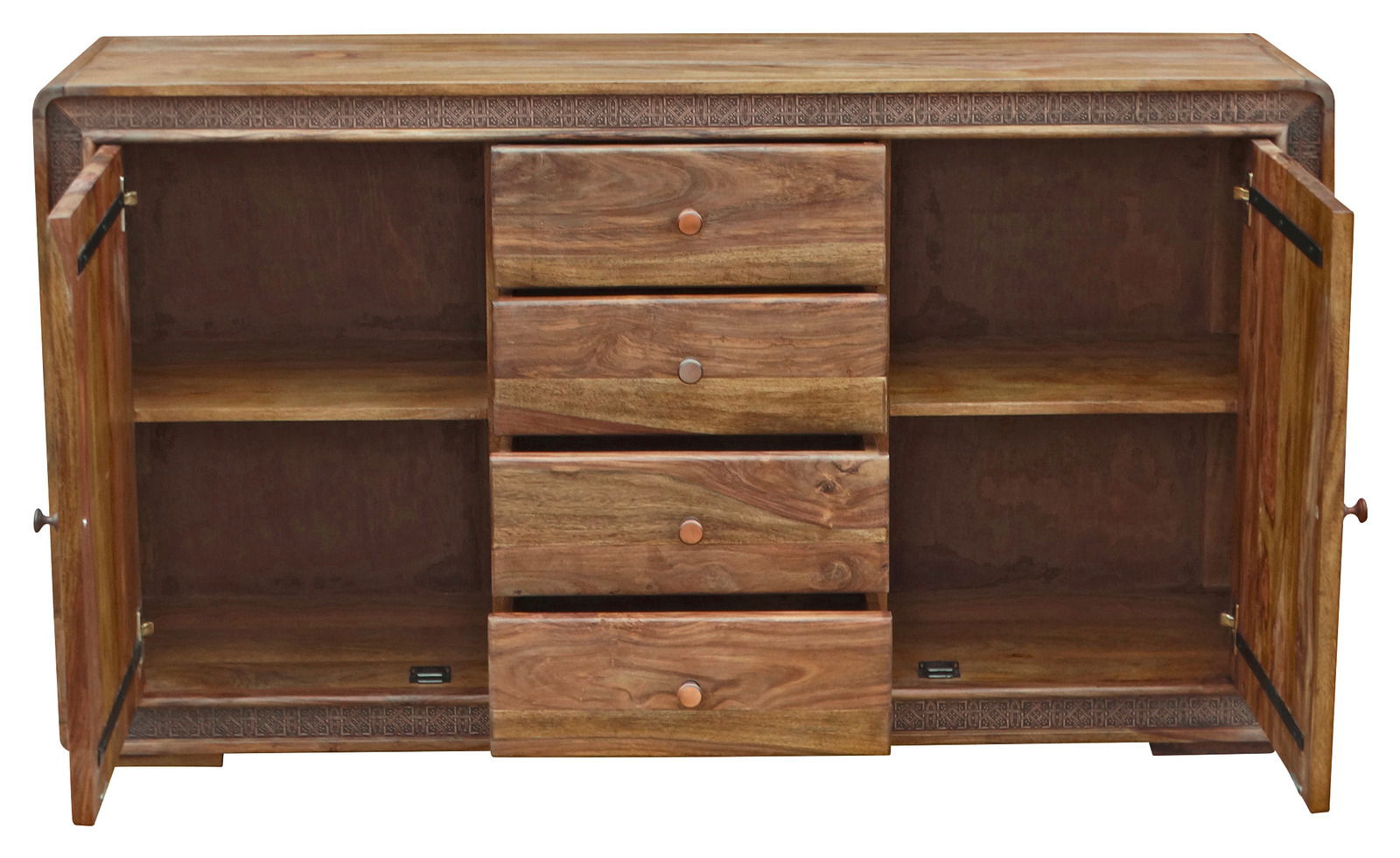 Holzkommode mit geöffneter Frontansicht, zeigt vier Schubladen in der Mitte und zwei seitliche Schranktüren mit Regalböden.