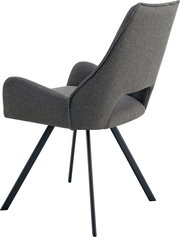 Grauer Polsterstuhl mit hoher Rückenlehne und schwarzen Metallbeinen, seitliche Rückansicht (3/4-Perspektive) auf weißem Hintergrund.