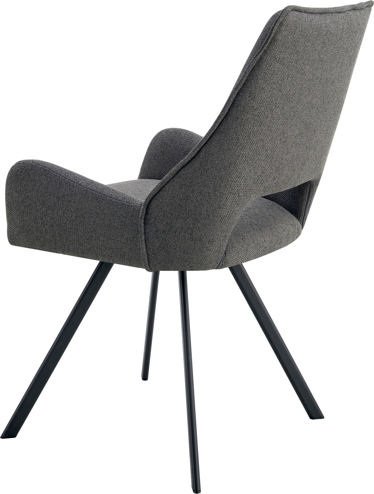 Grauer Polsterstuhl mit hoher Rückenlehne und schwarzen Metallbeinen, seitliche Rückansicht (3/4-Perspektive) auf weißem Hintergrund.