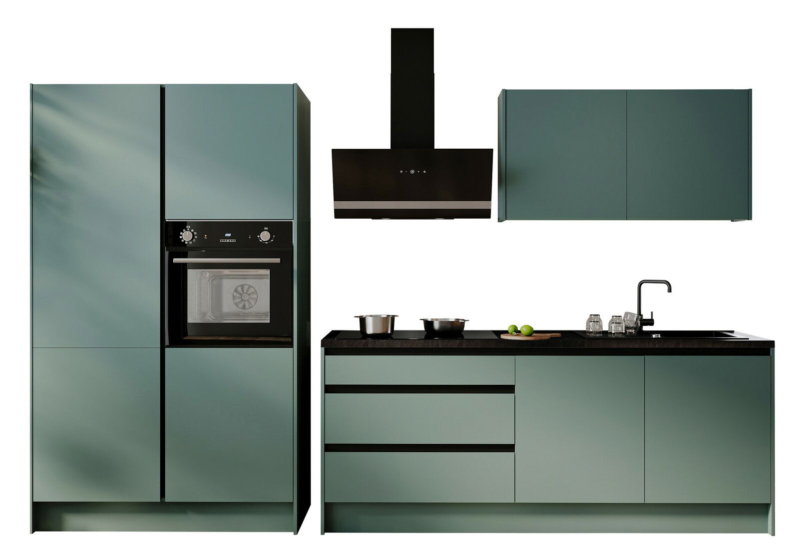 Yourkitchen Küchenblock Premium 335 TROJA Moderne Küchenzeile in mattem Grün mit integriertem Backofen, Dunstabzugshaube, Oberschrank und Spüle, frontal betrachtet.