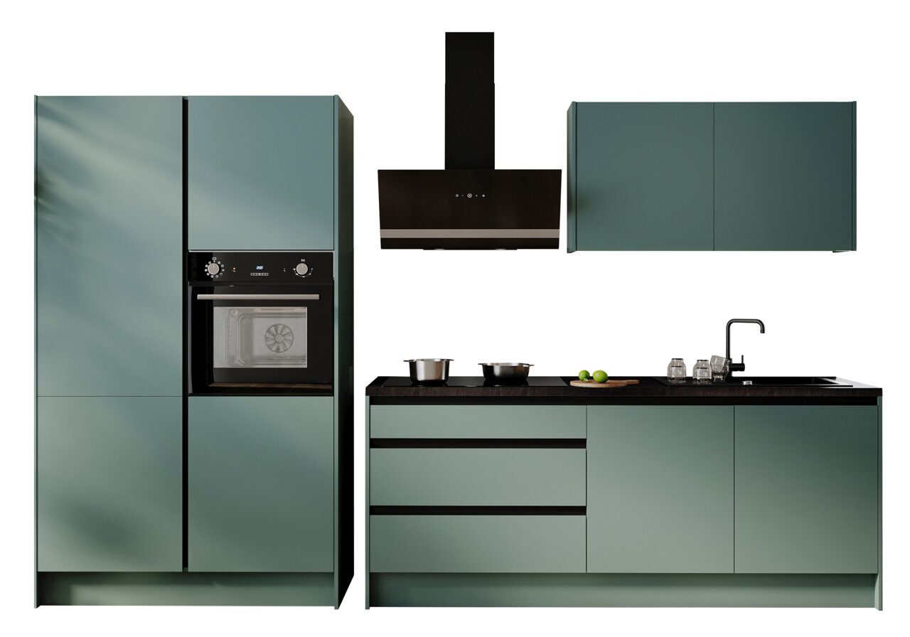 Yourkitchen Küchenblock Premium 335 TROJA Moderne Küchenzeile in mattem Grün mit integriertem Backofen, Dunstabzugshaube, Oberschrank und Spüle, frontal betrachtet.