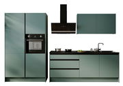 Moderne Küchenzeile in mattem Grün mit integriertem Backofen, Dunstabzugshaube, Oberschrank und Spüle, frontal betrachtet.