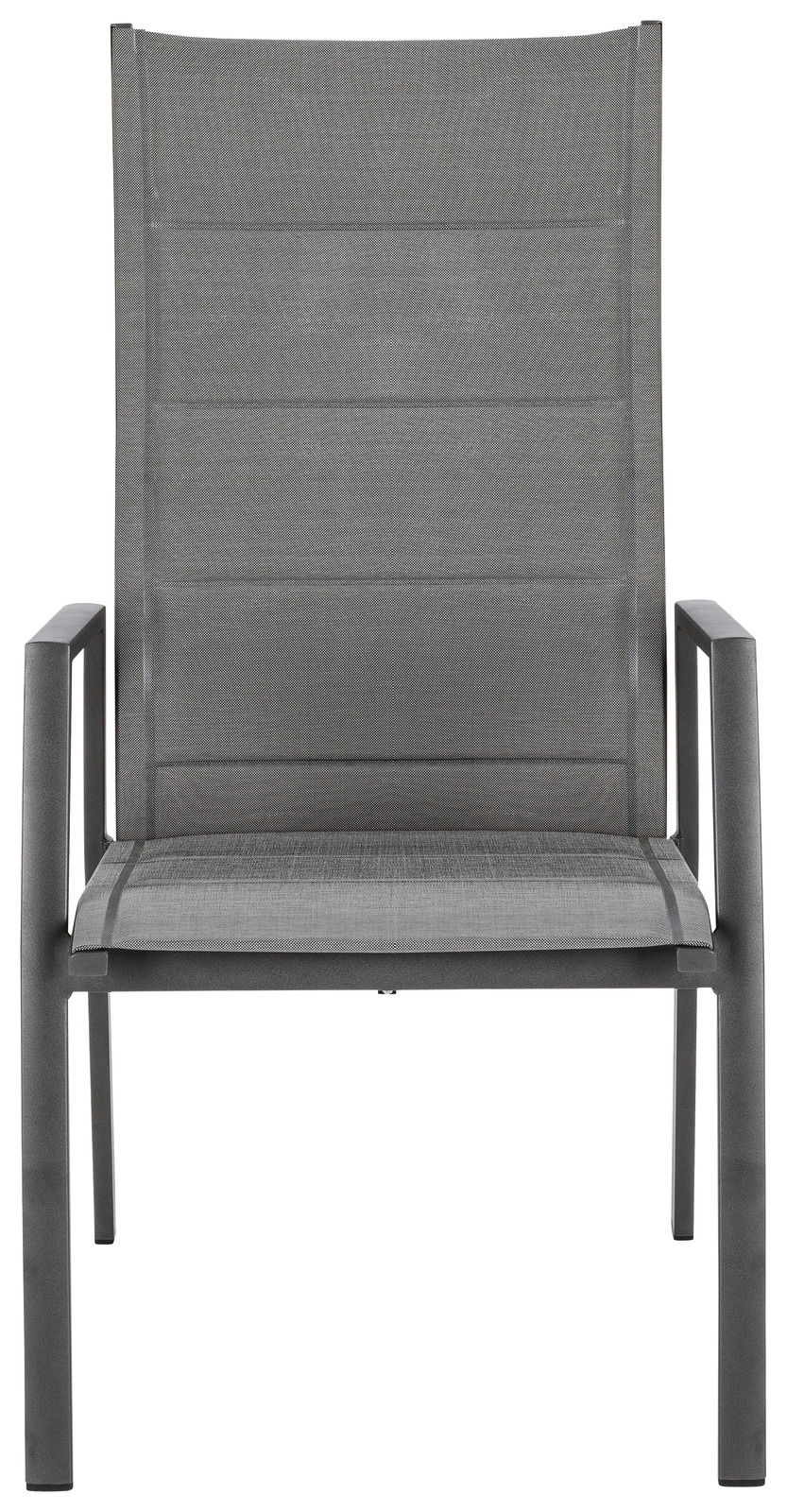 Moderner Gartensessel aus grauem Metallgeflecht, Frontalansicht