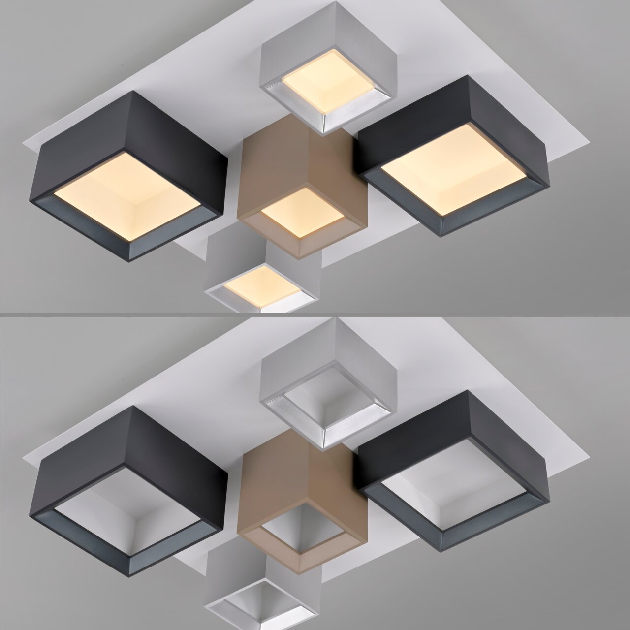 Moderne led-plafondlamp met geometrische vormen in verschillende kleuren, gezien van onderaf.