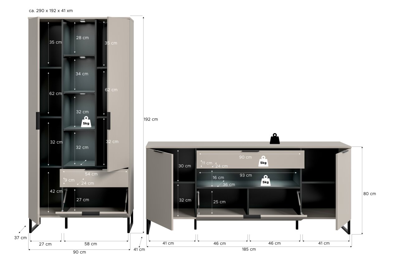 Geöffneter hoher Schrank und Sideboard in Beige mit schwarzem Innenraum, Maßangaben und Fachaufteilung eingezeichnet, Frontansicht.