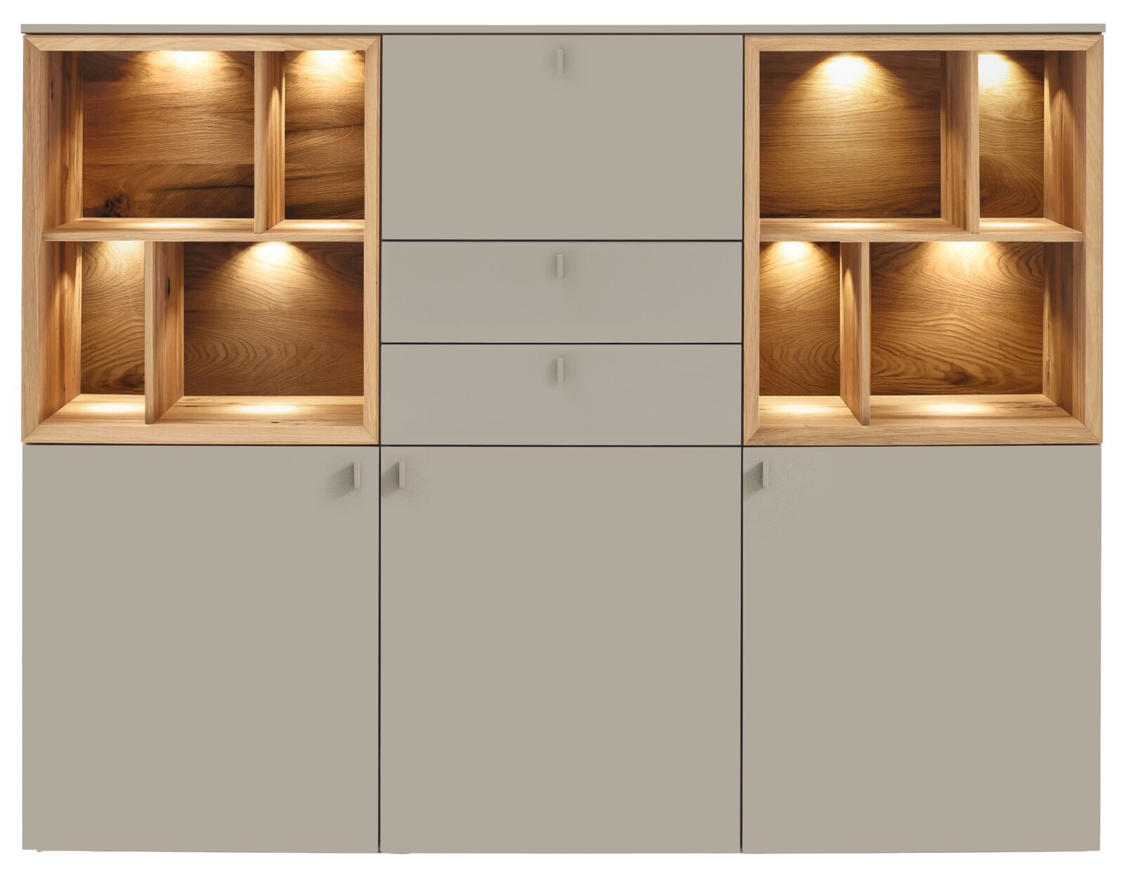 Venjakob Hoogkast ANDIAMO 3.0 Vooraanzicht van een modern hoogkast met grijze deuren en lades, geflankeerd door open houten planken met ingebouwde verlichting.