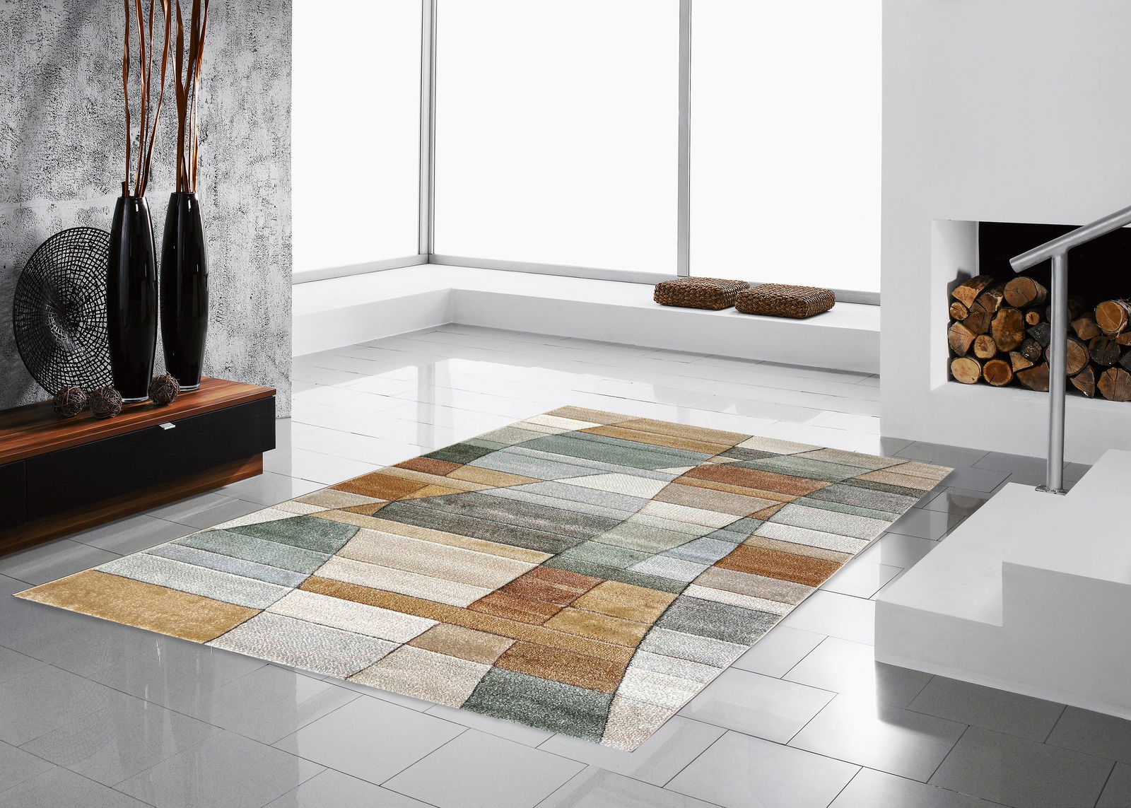 Merinos Webteppich DIAMOND Moderner Webteppich in Pastellfarben mit geometrischem Muster auf glänzendem Fliesenboden in einem stilvollen Wohnzimmer, seitliche Perspektive.