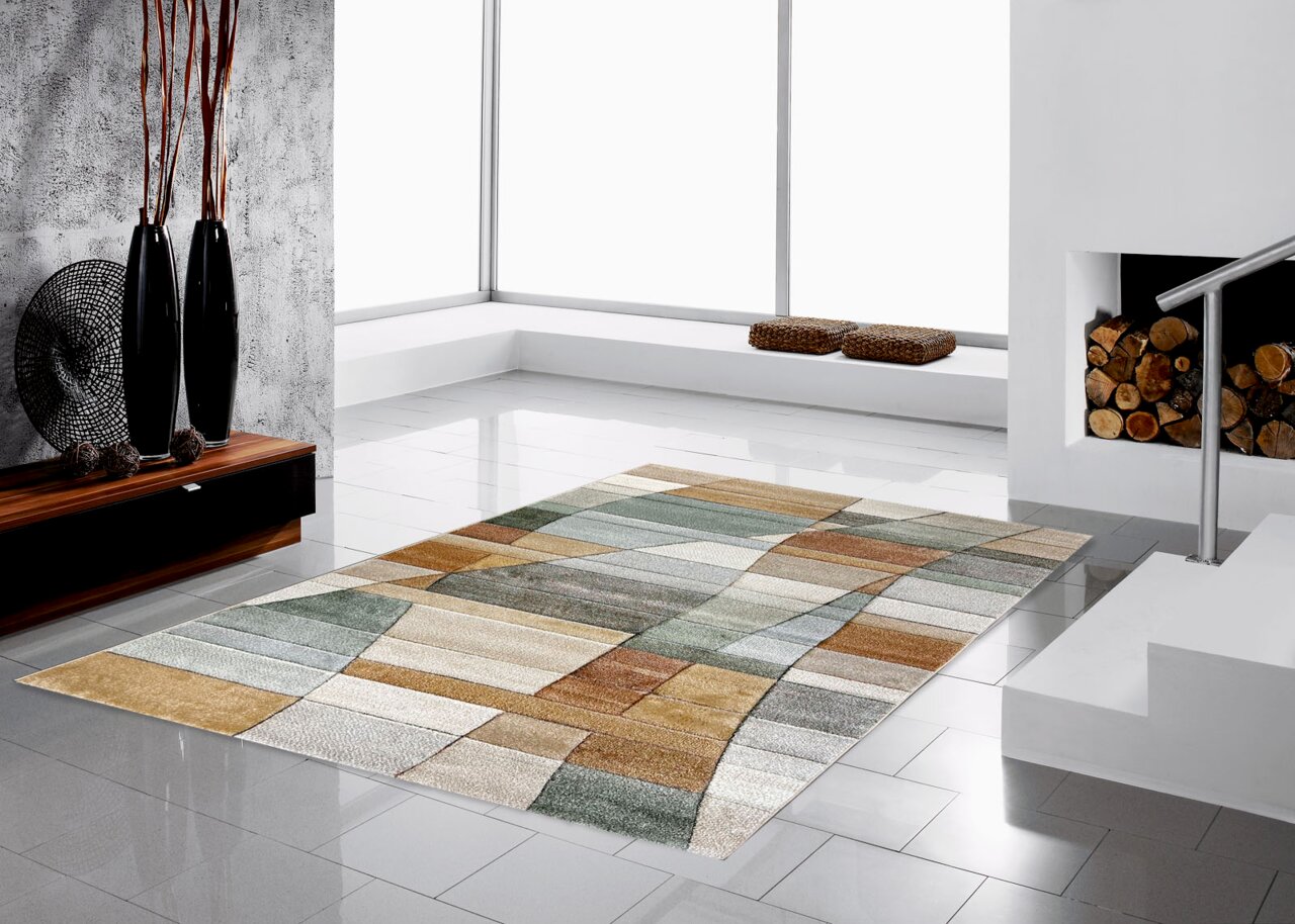 Merinos Webteppich DIAMOND Moderner Webteppich in Pastellfarben mit geometrischem Muster auf glänzendem Fliesenboden in einem stilvollen Wohnzimmer, seitliche Perspektive.