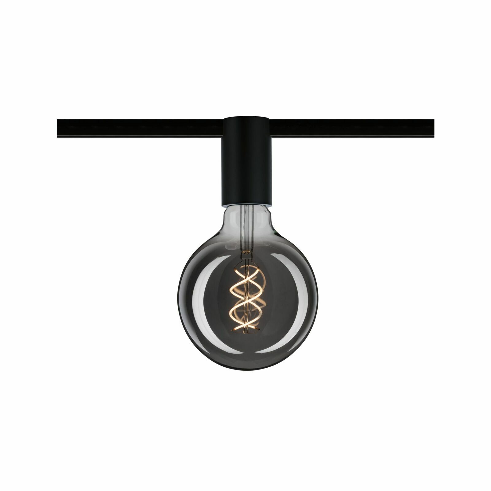 Moderne Deckenfassung mit schwarzem Sockel und dekorativer Glühbirne, seitliche Perspektive.