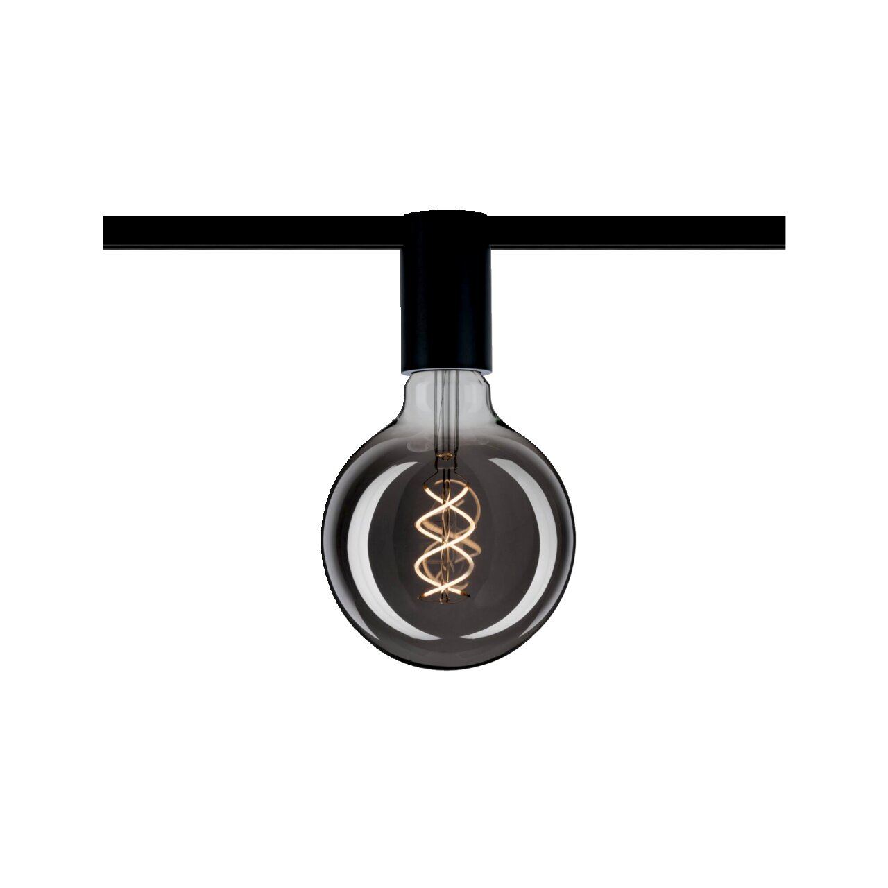 Moderne plafondlamp met zwarte voet en decoratieve gloeilamp, zijaanzicht.