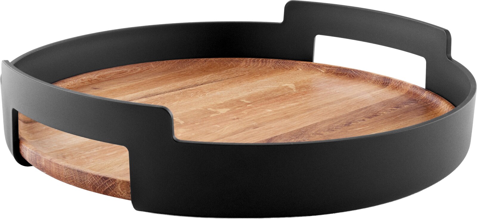 Rundes Serviertablett mit Holzboden und mattschwarzem Rand mit zwei Griffausschnitten, schräg von oben in Perspektive fotografiert