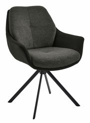 Moderner Armlehnstuhl mit grauem Stoffbezug und schwarzem Gestell, seitliche Perspektive