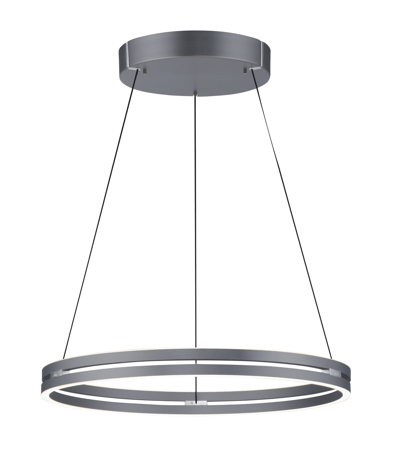 Moderne Pendelleuchte PURE-E-LOOP von Paul Neuhaus in seitlicher Perspektive, mit zwei eleganten, kreisförmigen LED-Ringen und schwarzer Aufhängung.