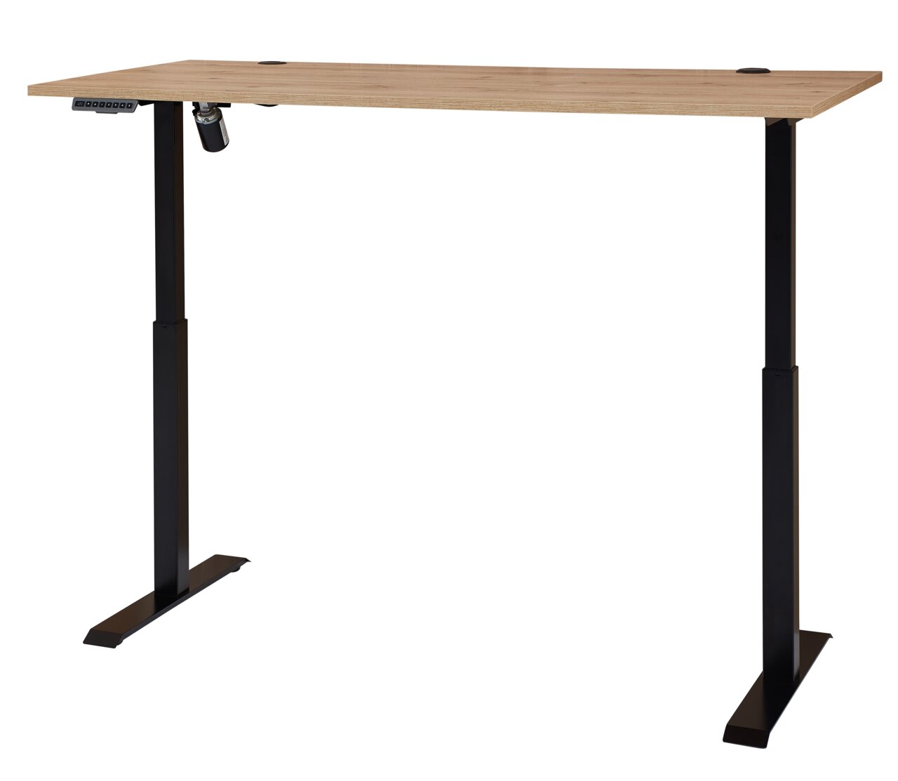 Höhenverstellbarer E-Schreibtisch aus Melamin mit schwarzem Gestell, seitliche Perspektive
