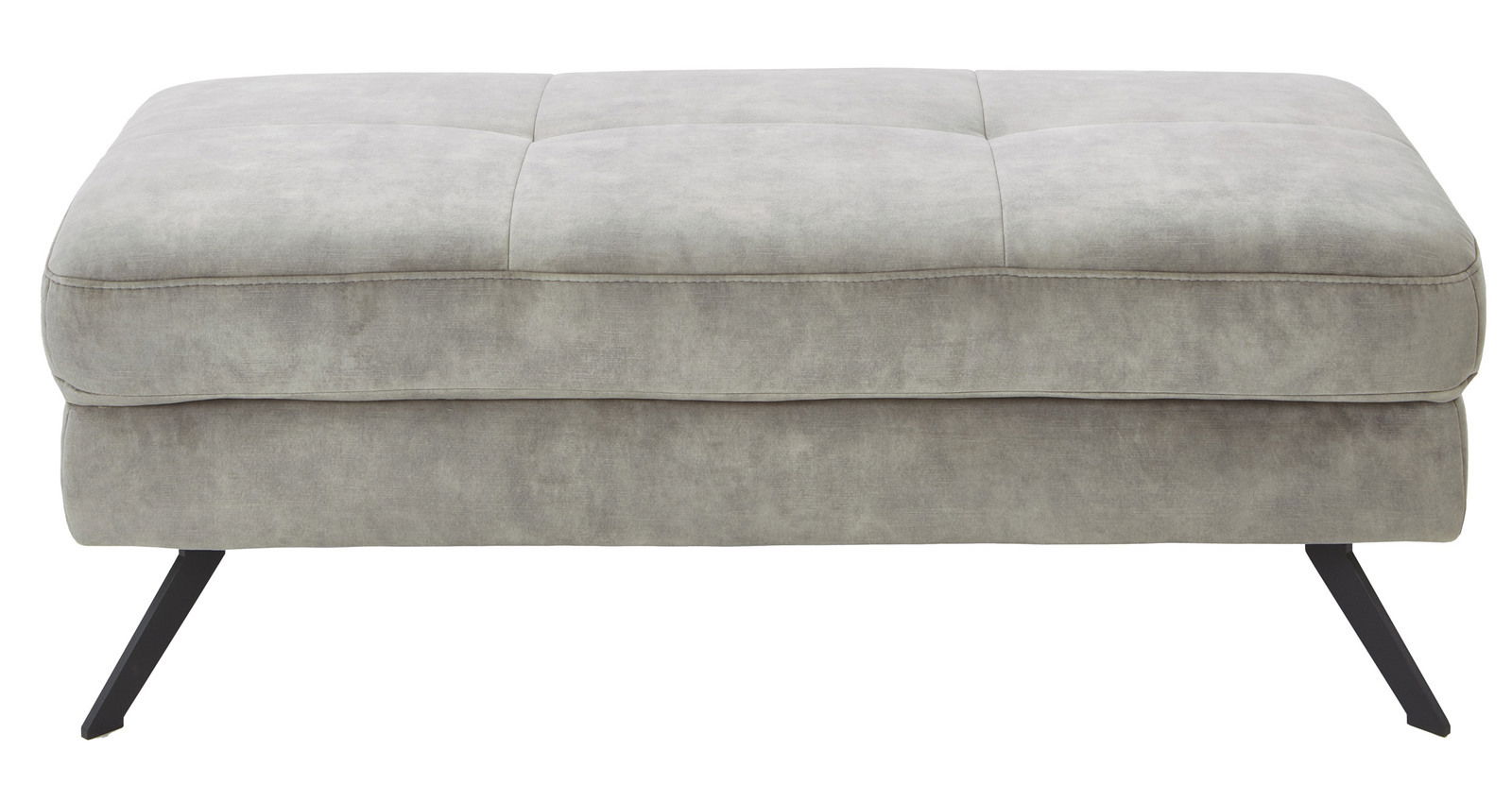 Grauer XXL-Hocker mit schwarzem Metallgestell, seitliche Perspektive