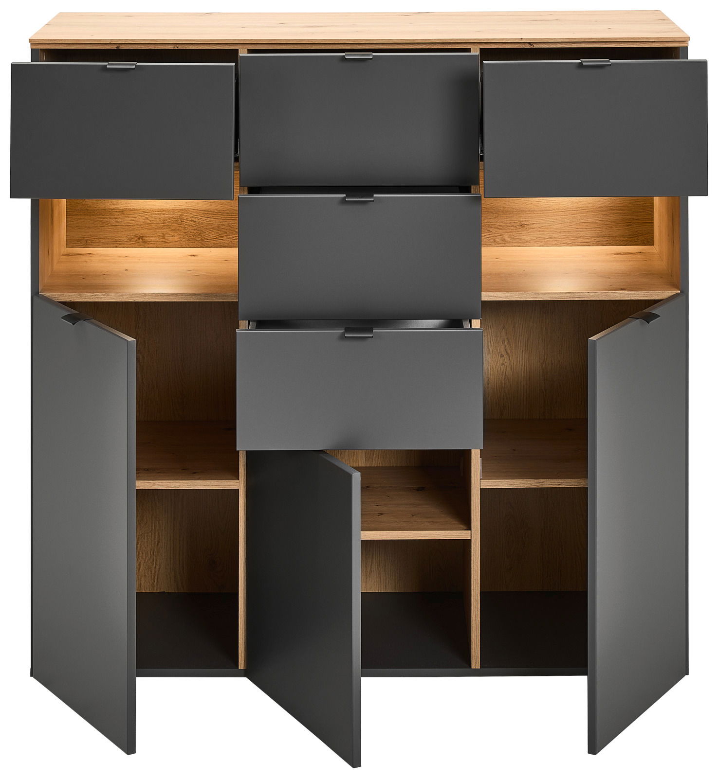Frontansicht eines modernen Highboards mit offenen Schubladen und Türen, in dunklem Grau und Holzoptik.