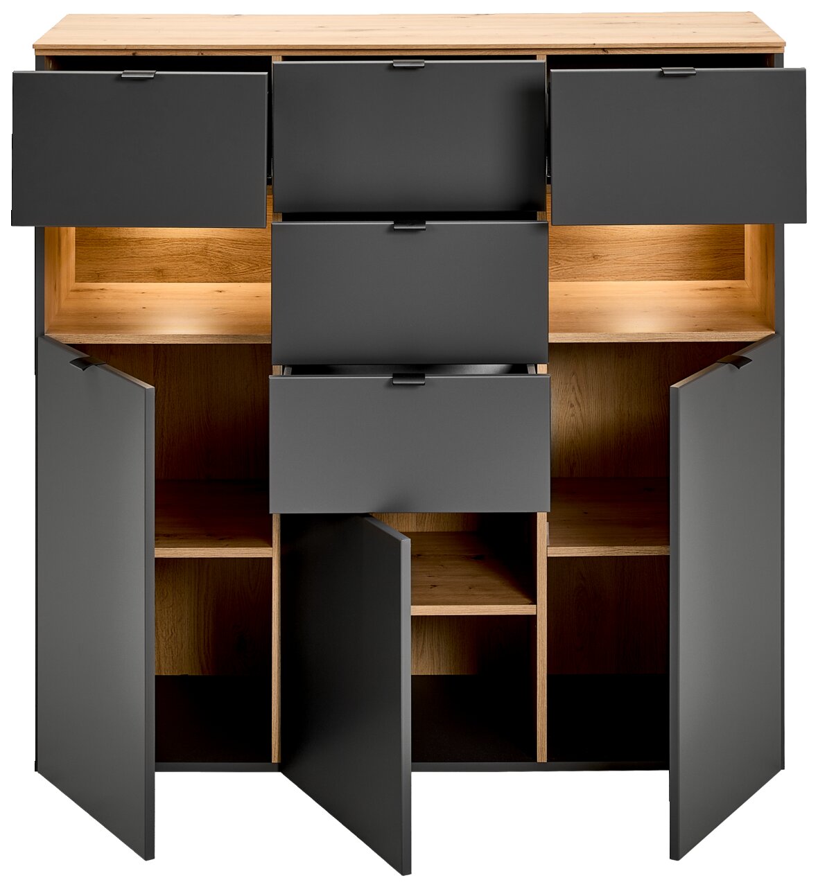 Frontansicht eines modernen Highboards mit offenen Schubladen und Türen, in dunklem Grau und Holzoptik.