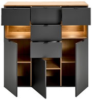 Frontansicht eines modernen Highboards mit offenen Schubladen und Türen, in dunklem Grau und Holzoptik.
