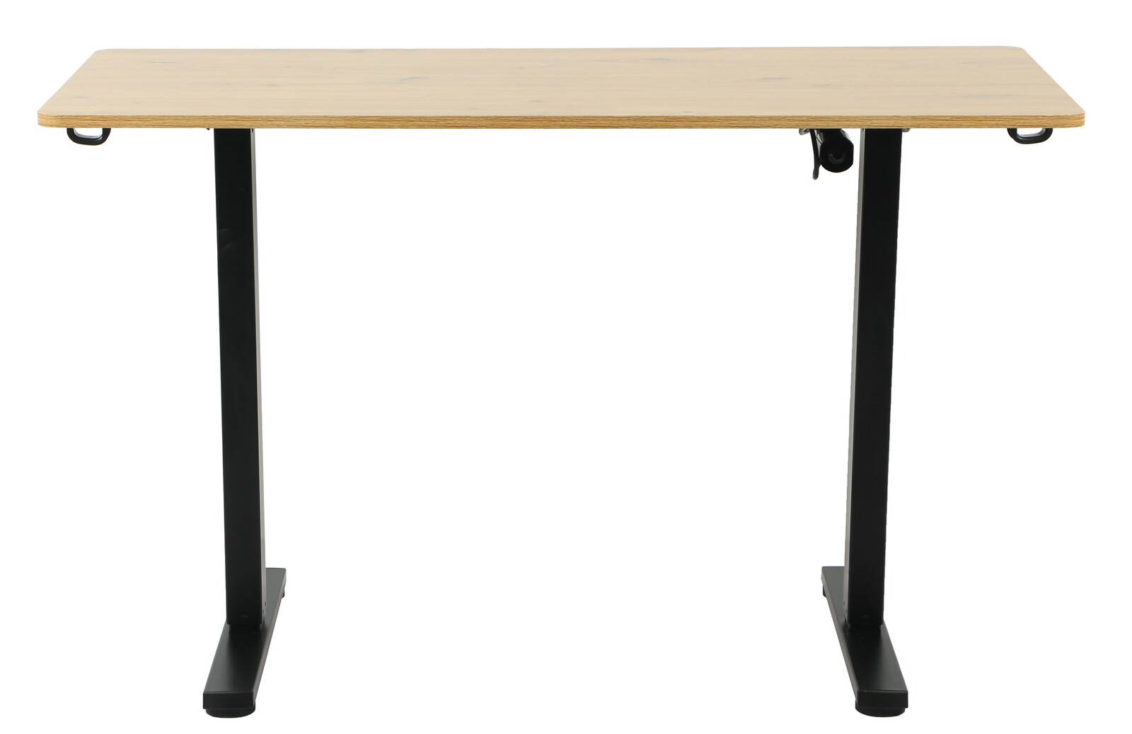 E-Schreibtisch mit Holzplatte und schwarzen Metallbeinen, frontal betrachtet