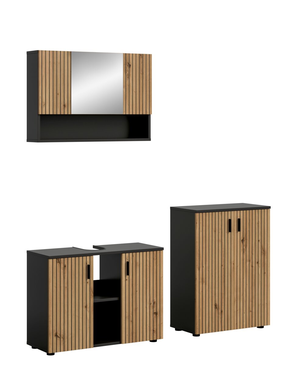 Modernes Badmöbel-Set in Schwarz mit geriffelten Holzfronten: oben Spiegelschrank in Frontansicht, unten Waschbecken-Unterschrank mit Ausschnitt und Hochschrank in leicht schräger Perspektive auf weißem Hintergrund.