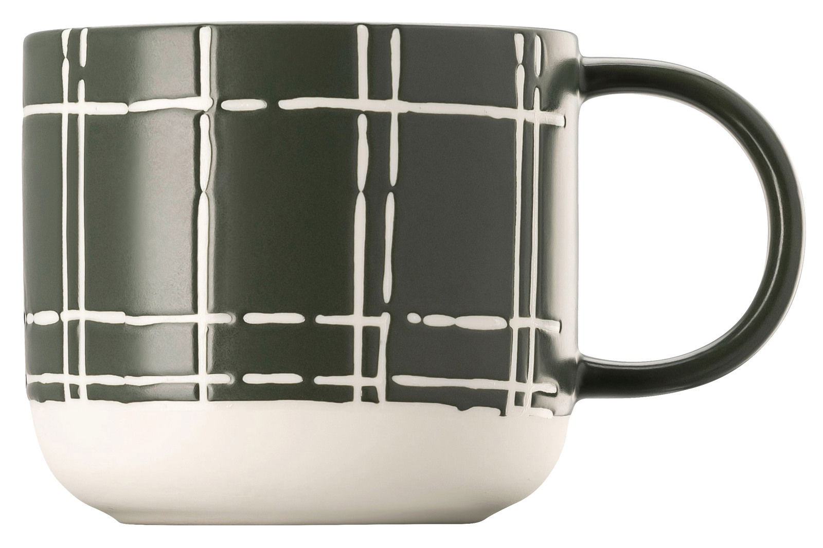 Becher mit Henkel in seitlicher Perspektive, dunkelgrün mit weißem Karomuster und weißem Boden.