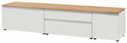 XL-TV-Lowboard in Weiß mit Holzoberfläche, seitliche Perspektive