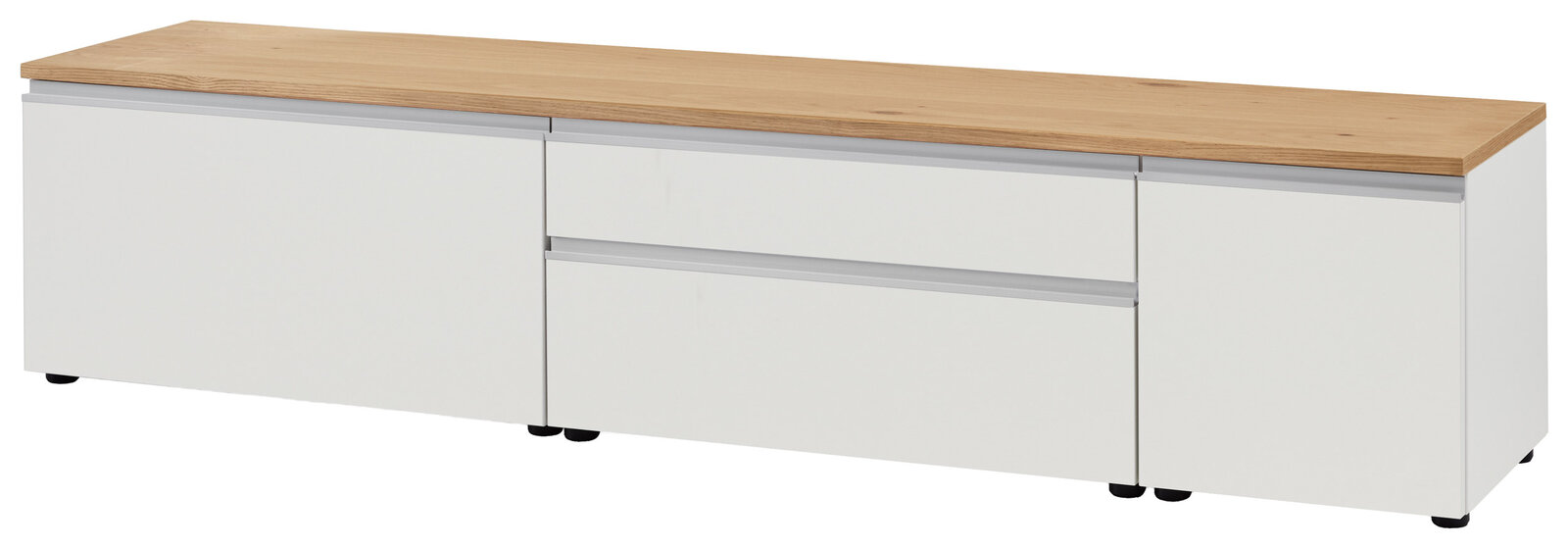 XL-TV-Lowboard in Weiß mit Holzoberfläche, seitliche Perspektive