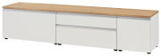 XL-TV-Lowboard in Weiß mit Holzoberfläche, seitliche Perspektive