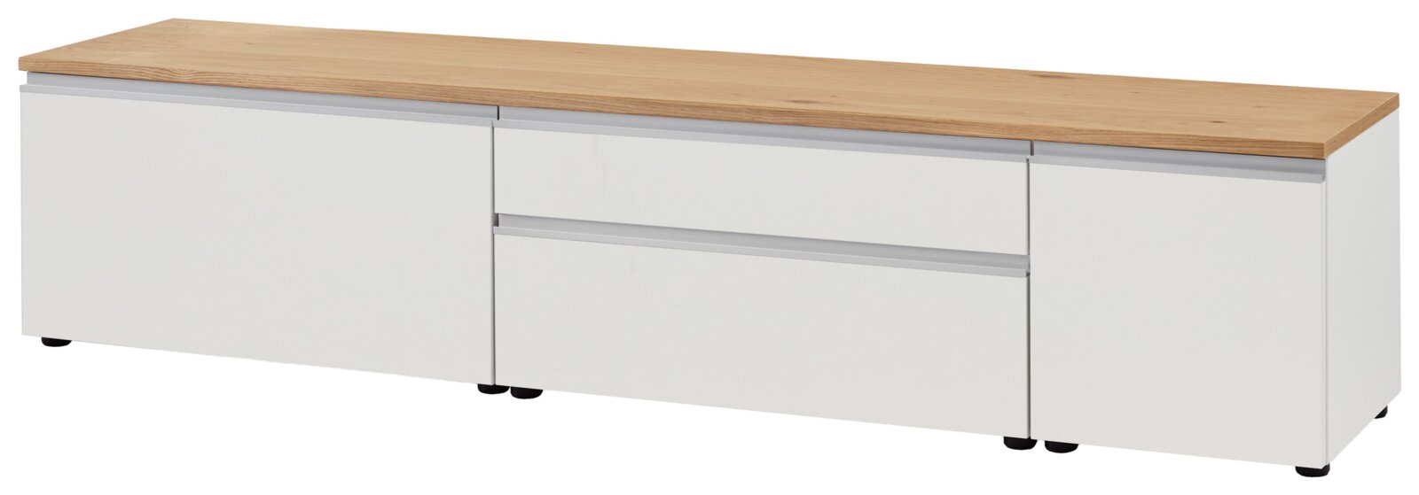 XL-TV-Lowboard in Weiß mit Holzoberfläche, seitliche Perspektive