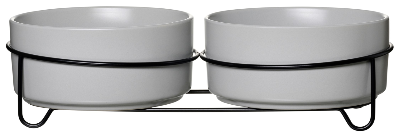 Zweifaches Napfset aus grauer Keramik mit schwarzem Metallständer, seitliche Perspektive
