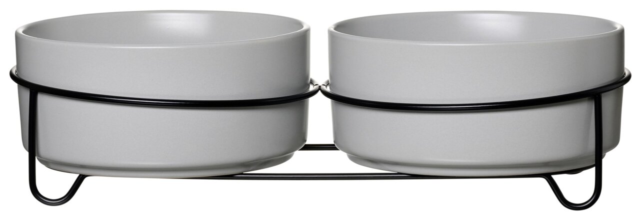 Ritzenhoff & Breker Napfset 3tlg 880ml TARO Zweifaches Napfset aus grauer Keramik mit schwarzem Metallständer, seitliche Perspektive