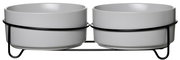 Zweifaches Napfset aus grauer Keramik mit schwarzem Metallständer, seitliche Perspektive